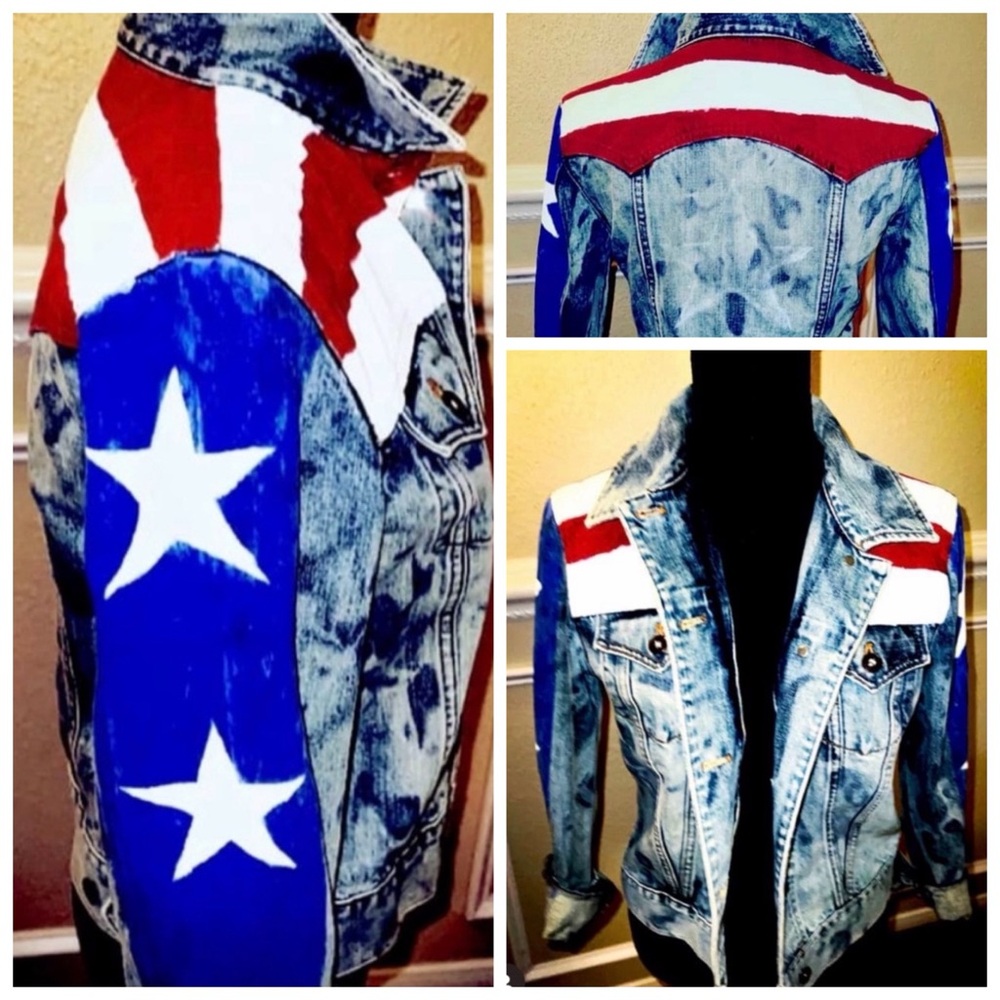 ✨HOST PICK✨Hand painted blue jean jacket. Perfect for 4th of July ❤️🤍💙